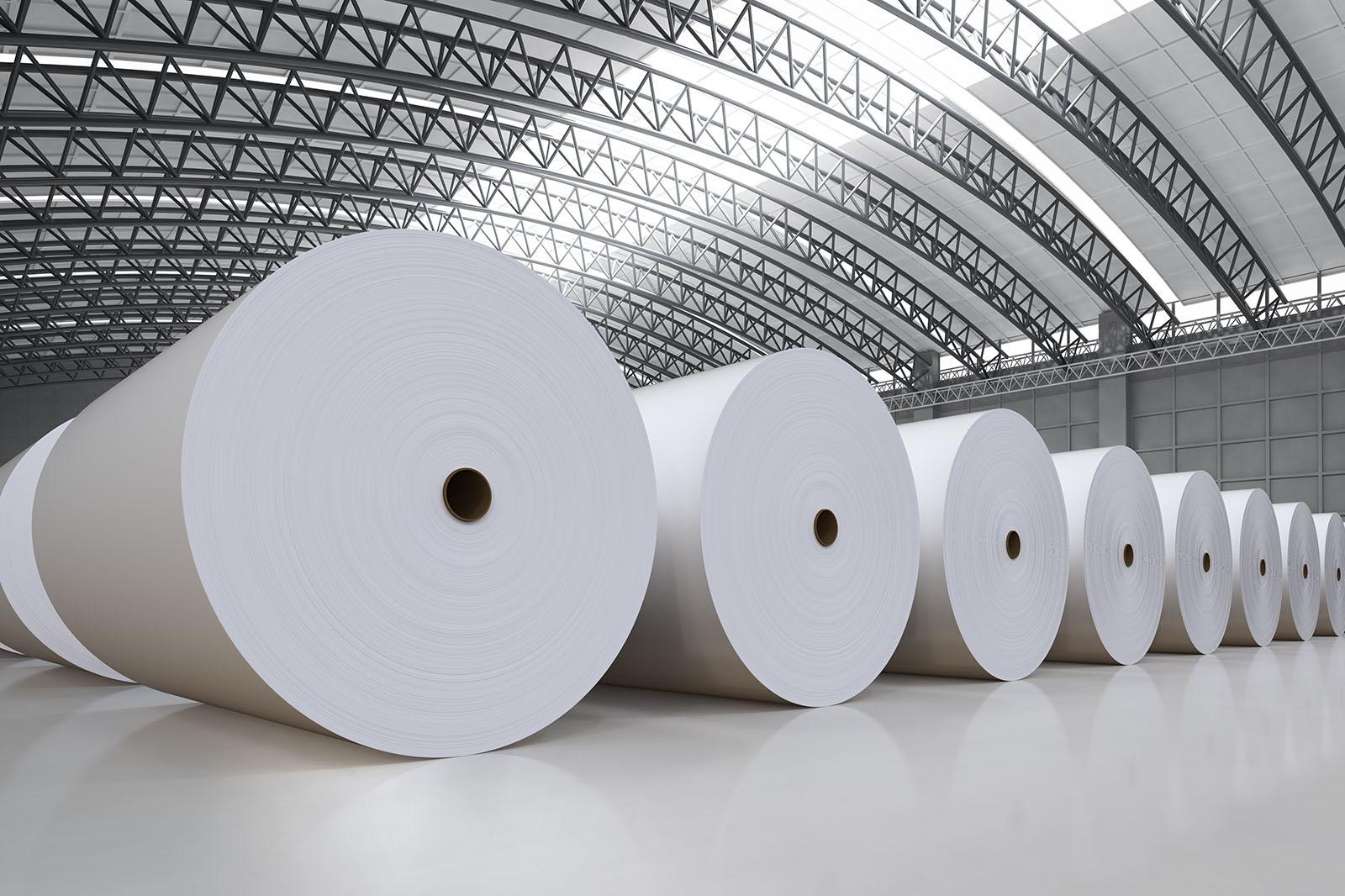 3d rendering white large paper rolls in factory
